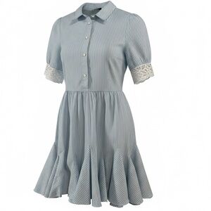 ADL Blue White Striped Shirt Dress Lace Sleeve Ruffle Hem Size XL